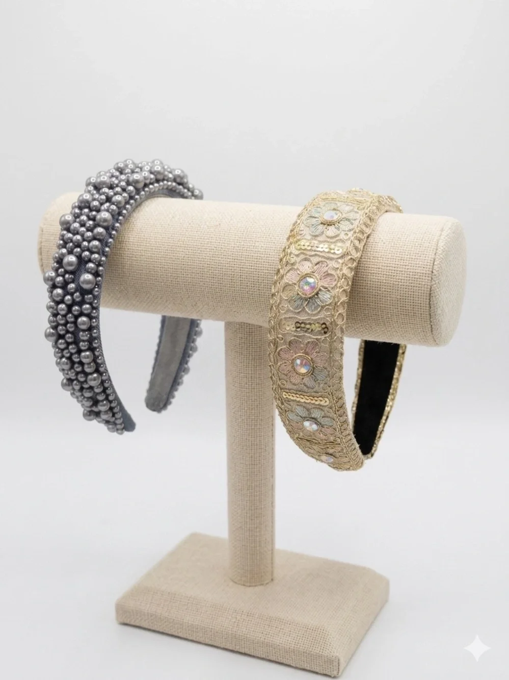 Statement Headband Bundle Grey Pearl Cluster + Gold Embroidered AB Boho Set Of 2